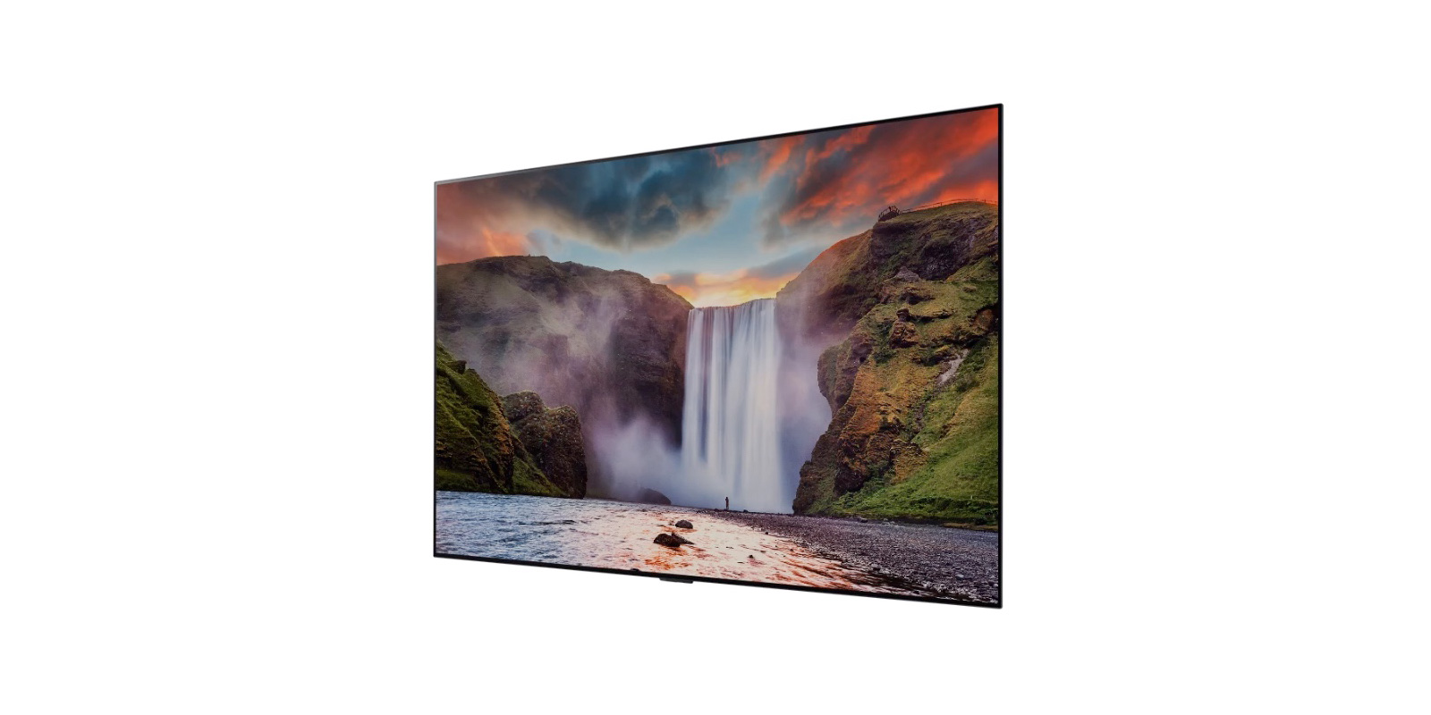 A spectacular waterfall with beautiful scenery displayed on an OLED TV(play the video)