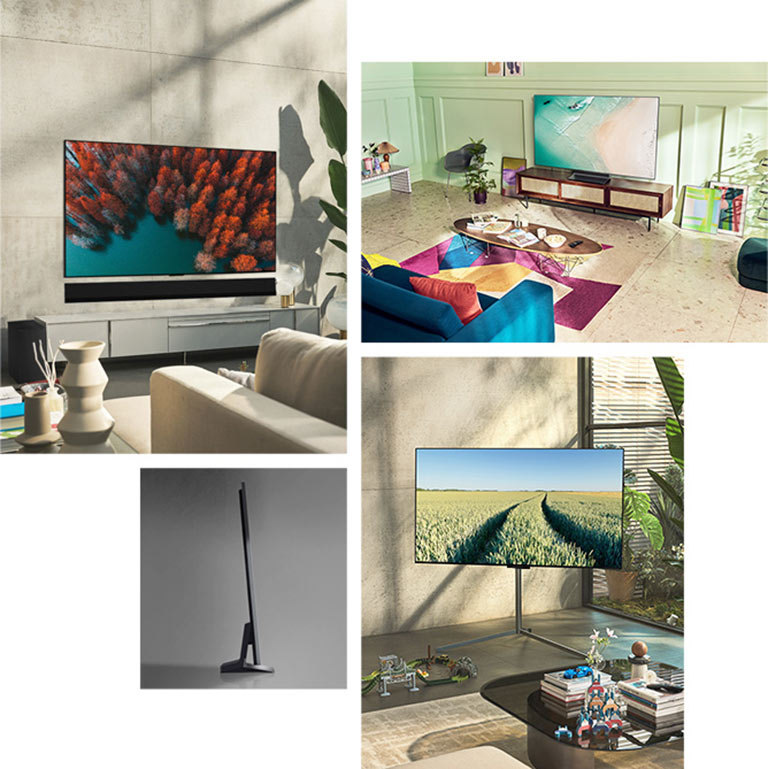 An LG OLED G2 is hung on the wall in a neutral-colored living room with plants and rustic ornaments. An LG OLED G2 sits on a TV stand in a mint green room with colorful art and furnishings. An LG OLED G2 with Gallery Stand is in the corner of a room in a family home.  A side view of the ultra-slim edge of LG OLED G2.