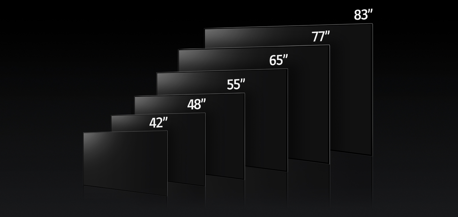 An image comparing LG OLED C3's varying sizes, showing 42", 48", 55", 65", 77", and 83".