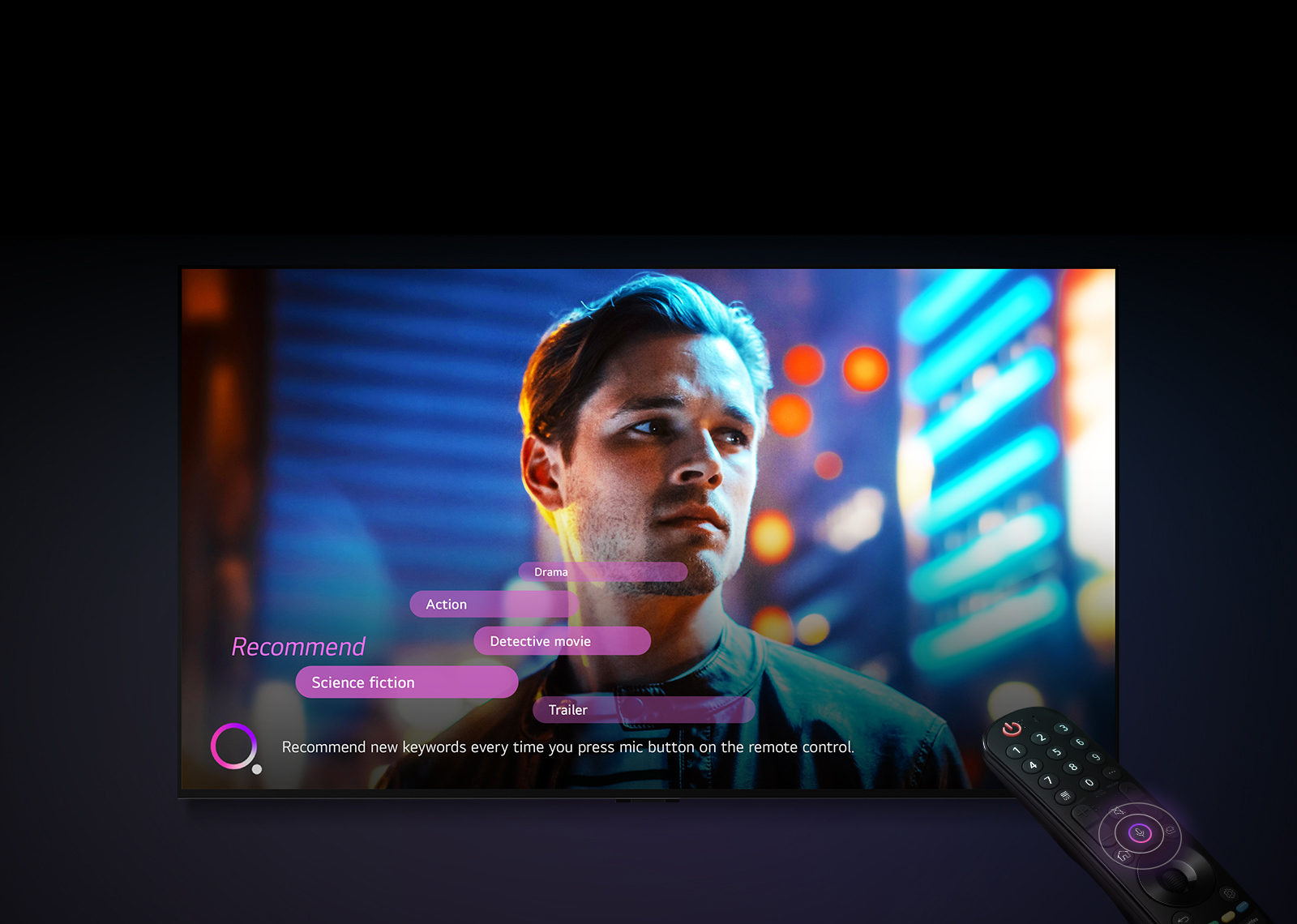 An image of an LG OLED TV and remote control. The mic button on the remote control is lit up, and voice search keyword recommendations appear on the screen.