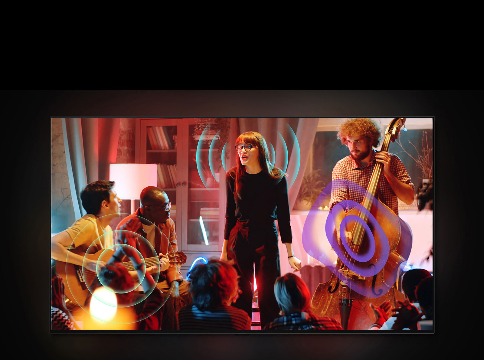 A video of a person playing violin with a yellow bubble and wave depicting sound. The scene changes to a singer and band playing an intimate gig in a lounge. Blue sound waves surround the singer, turquoise soundwaves emit from the guitar, and purple soundwaves come from the cello. 