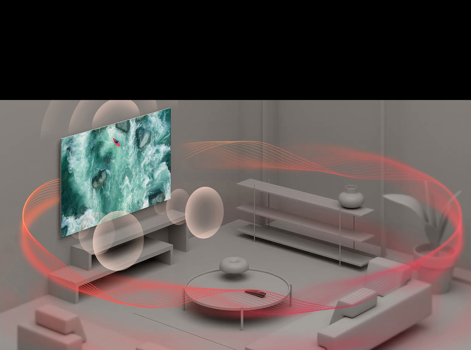 A video opens showing an aerial shot of the remote control. A blue circle appears over the sensor. The scene pans out to show the remote control on a coffee table in a gray room. Blue soundwaves emit from the TV, and an image fills the screen showing a person kayaking over choppy waves. The blue sound waves reach the remote control, and waves depicting sound bounce from the wall, and then a blanket of sound covers the room. 