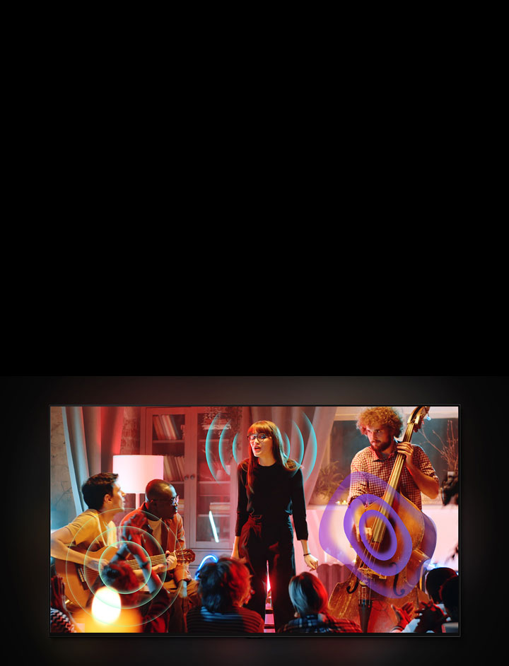 A video of a person playing violin with a yellow bubble and wave depicting sound. The scene changes to a singer and band playing an intimate gig in a lounge. Blue sound waves surround the singer, turquoise soundwaves emit from the guitar, and purple soundwaves come from the cello. 