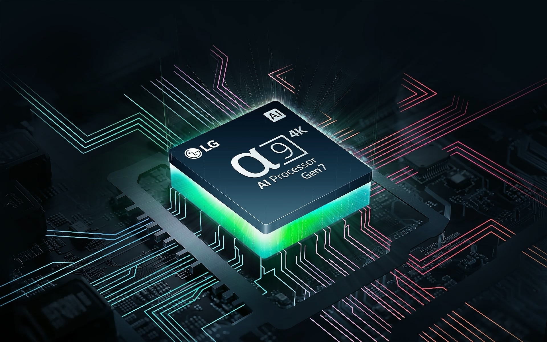 LG's alpha 9 AI Processor Gen7 barely visible amidst darkness. The AI Processor lights up green, and colorful bolts of light shoot out from it. More bolts appear across the motherboard, stretching further, and white dots like stars come into view, creating the impression of an intergalactic scene.