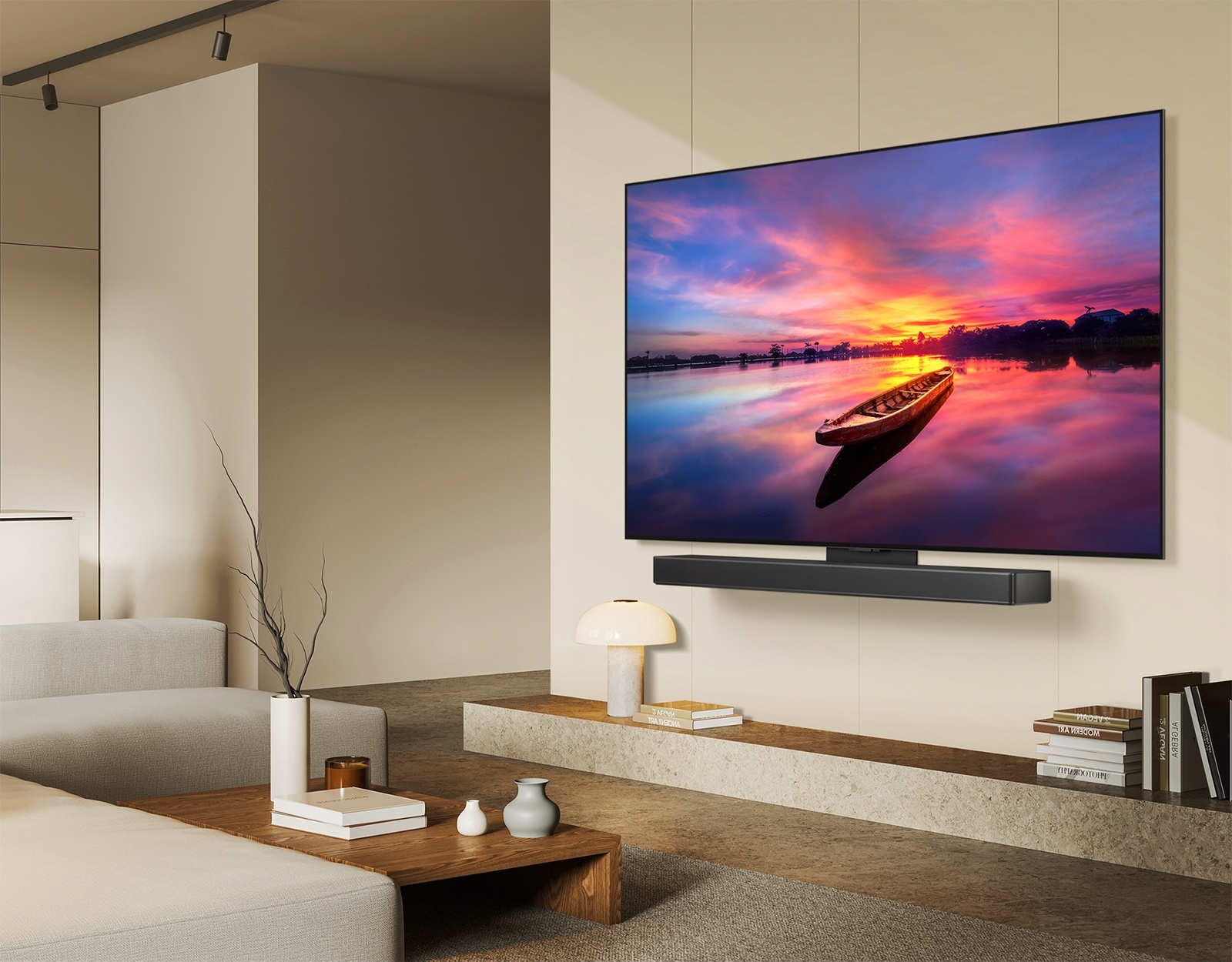LG OLED TV, OLED C4 facing 45 degrees to the left displaying a beautiful sunset with a boat on a lake, as TV is attached to an LG Soundbar via the Synergy bracket in a minimalist living space.