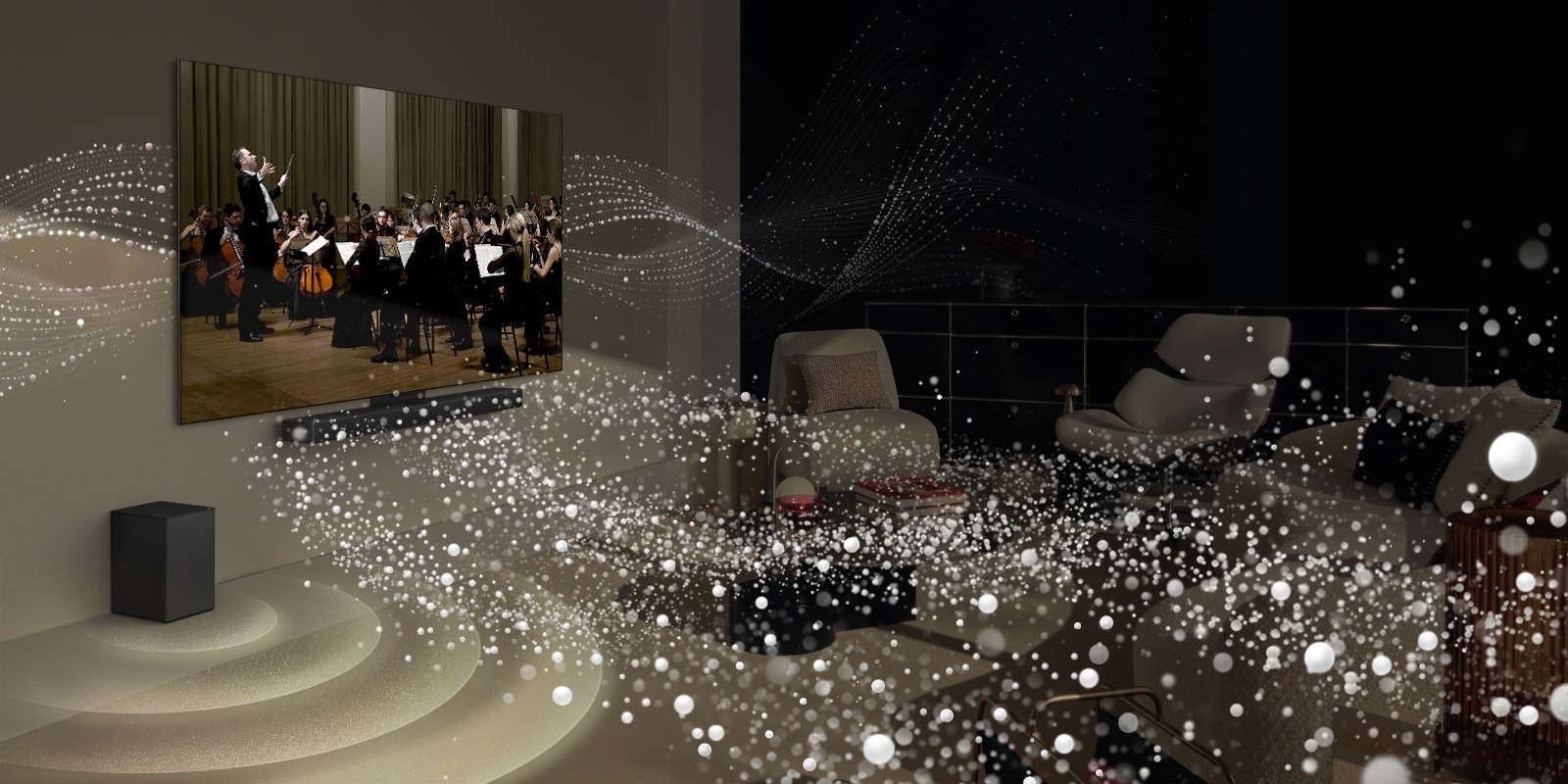 LG OLED TV and soundbar mounted on the wall in a living room and  bright shape graphics all around the room.