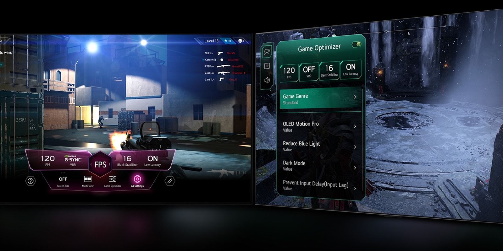 A FPS gaming scene with the Game Dashboard appearing over the screen during gameplay.   A dark, wintery scene with the Game Optimizer menu appearing over the game. 