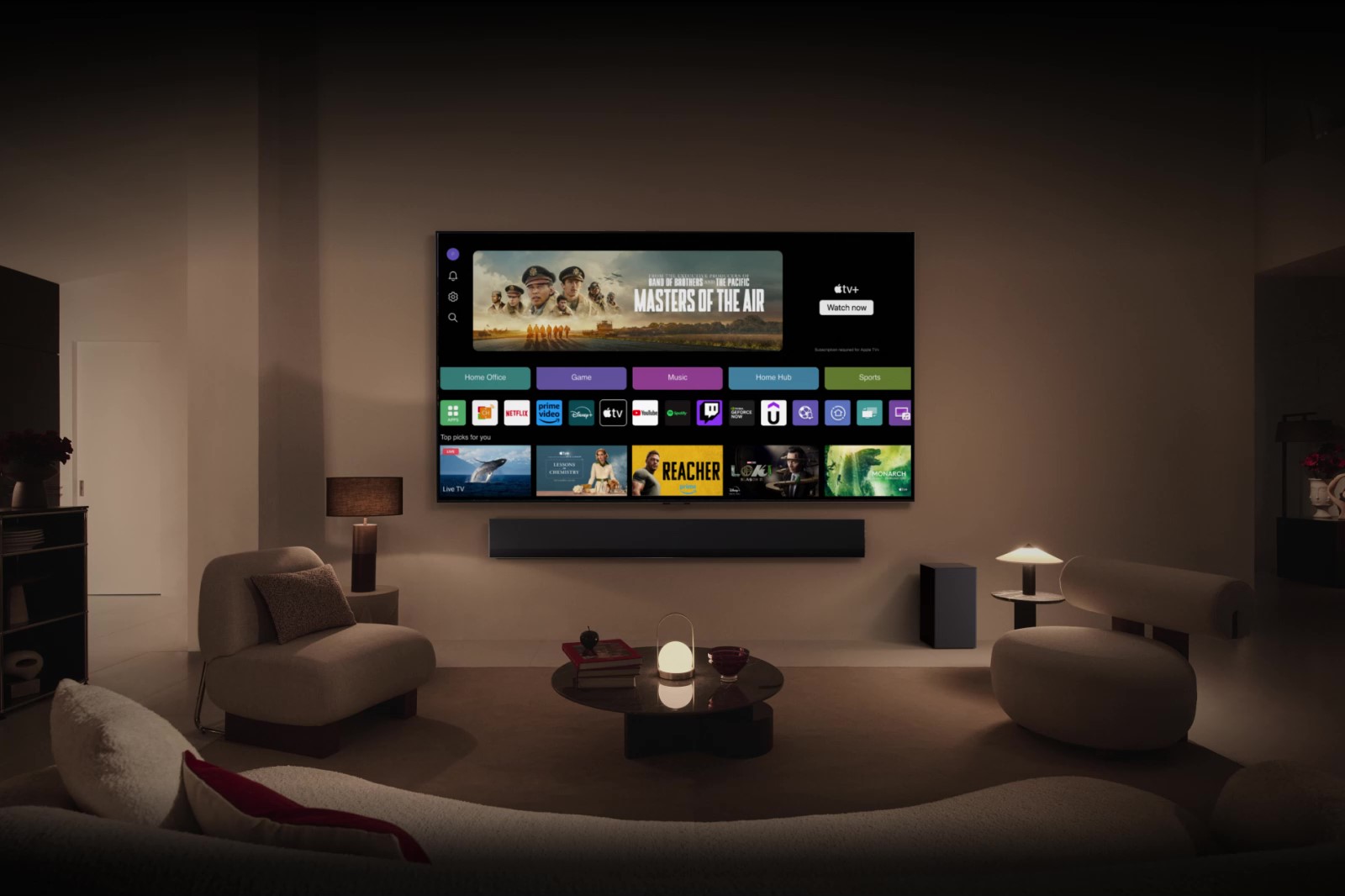 The webOS 24 home screen with Home Office, Game, Music, Home Hub, and Sports Categories. The bottom of the screen shows personalized recommendations under "Top picks for you."