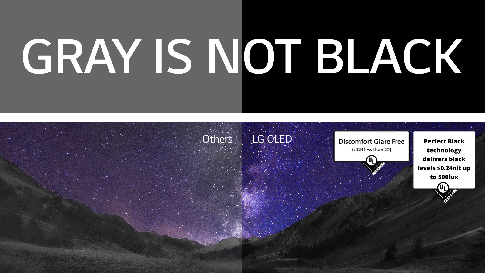 The Milky Way fills the night sky above a canyon scene. Above the image, "gray is not black" is written in white block capitals against a black backdrop. The screen is split into two sides and marked "Others" and "LG OLED." The other side is noticeably dimmer and lower in contrast, whereas the LG OLED side is bright with high contrast. The LG OLED side also features Discomfort Glare Free certification.
