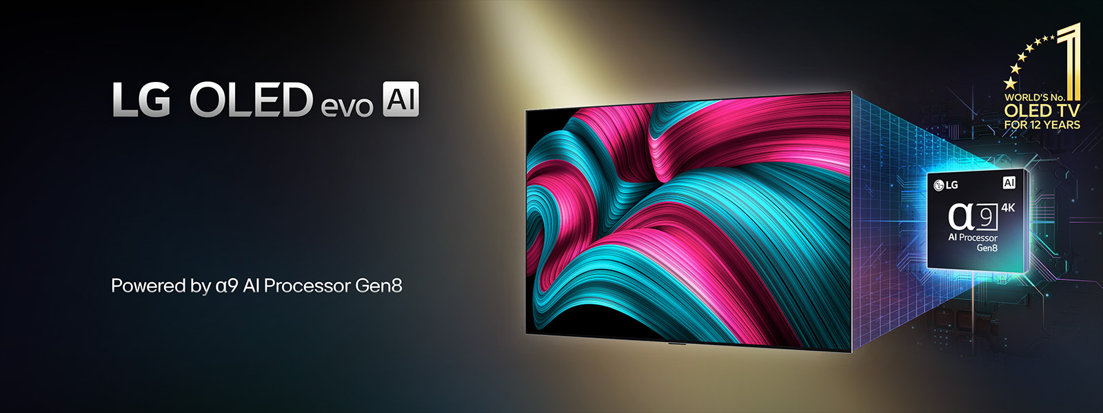 On the screen of an LG OLED evo AI TV is an abstract image with impressive detail, color, and contrast. A magnified version of the alpha 9 AI Processor Gen8 is behind the TV. It glows with light illuminating the microchip circuits around it. The title reads LG OLED evo AI. Text is also visible, powered by LG alpha 9 AI Gen8 processor. A gold logo with stars is in the corner that reads, world's number one OLED TV for 12 years. 