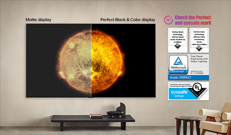 LG OLED TV showing a visual comparison between a display with Perfect Color and Perfect Black and one without. UL and eyesafe certifications are visible with text prompting to check the marks.
