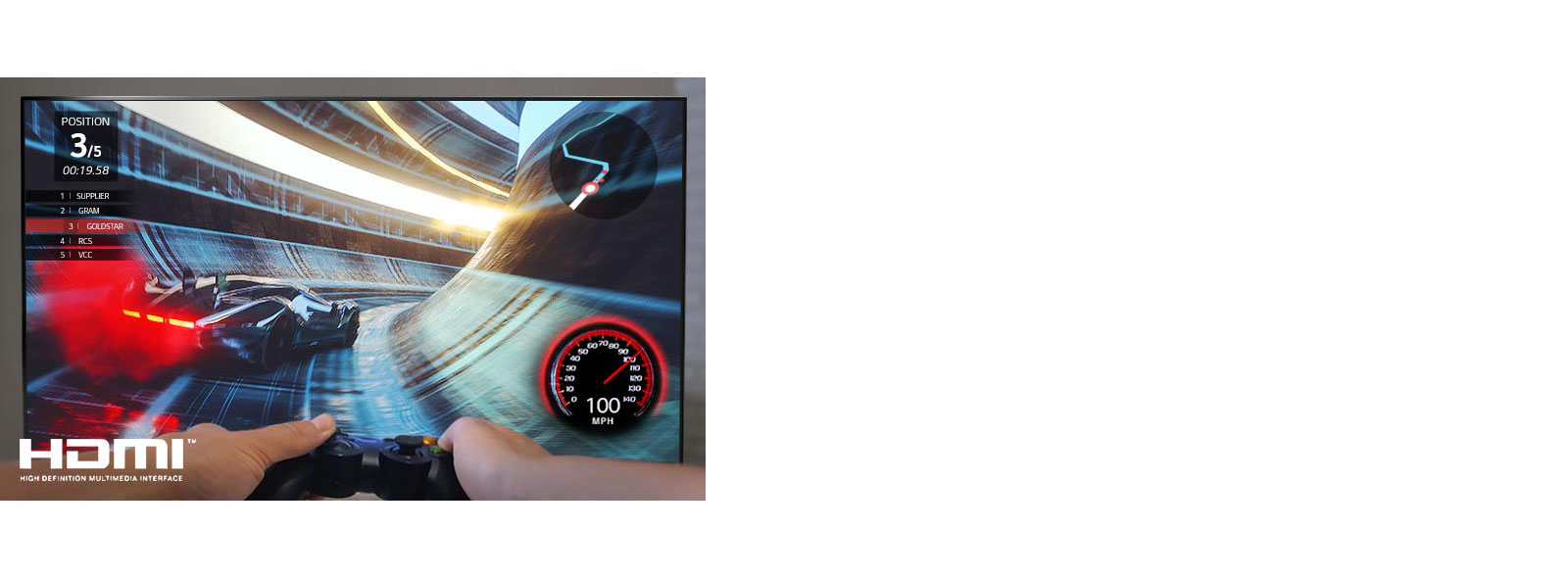 A close up of a player playing racing game on a TV screen