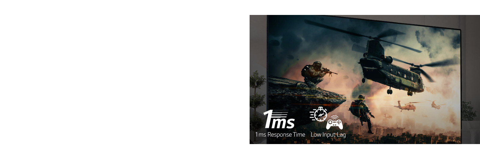 A TV screen displaying a battle game with armed soldiers and helicopters flying in the sky.