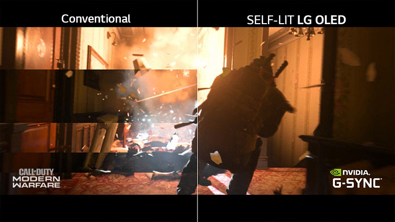 A scene of a game character shown on an LCD / LED TV with tearing and other half on an LG OLED TV without tearing