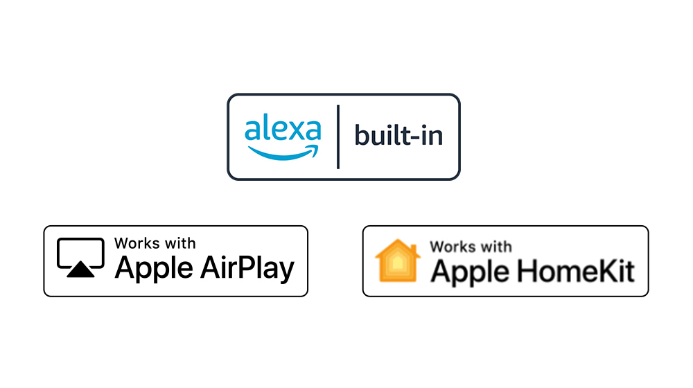 There are four logos displaced in order – alexa built-in, Works with Apple AirPlay, Works with Apple HomeKit. 