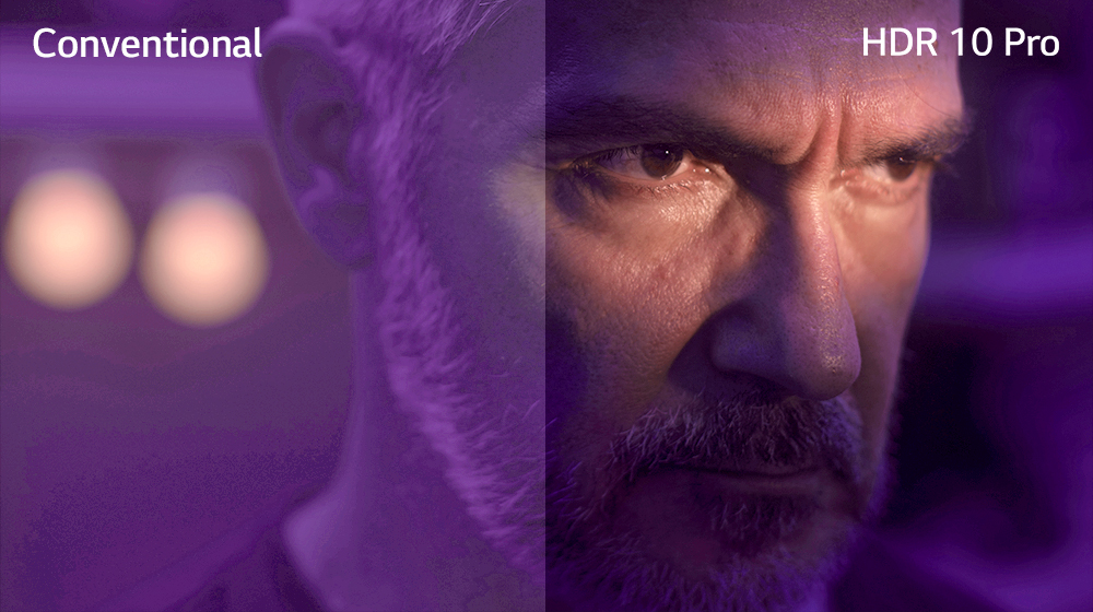 A man is staring outside, looking mad. The image is divided into two part. On left half of image appears to be dull and less vibrant color, while on the right half of image looks more vibrant with more colors. On left top corner says ‘conventional’, on right top corner says ‘HDR 10 PRO’. 