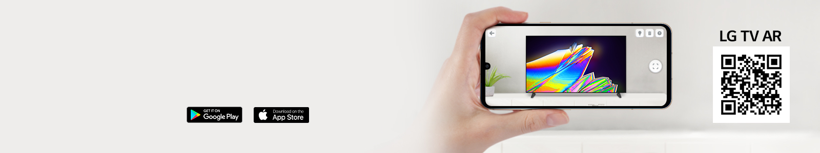 A person using LG TV AR app on a phone and a QR code which links to LG TV AR (http://www.lgtvism.com/lgtvar)