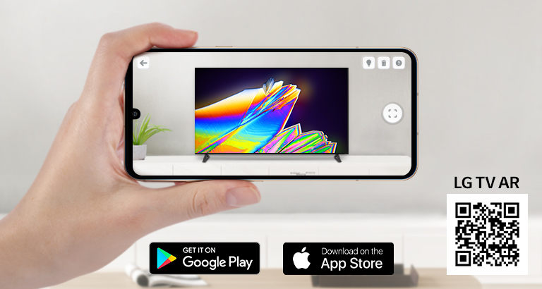 A person using LG TV AR app on a phone and a QR code which links to LG TV AR (http://www.lgtvism.com/lgtvar)