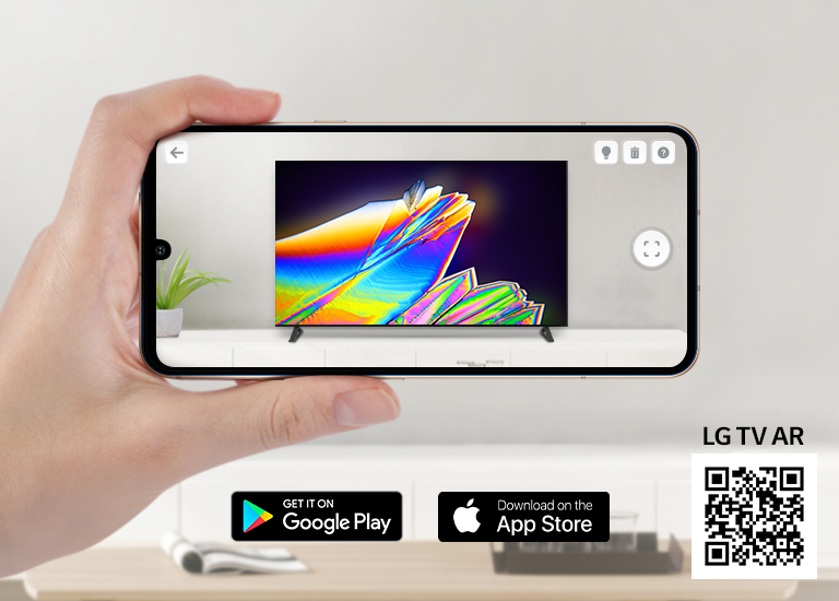 A person using LG TV AR app on a phone and a QR code which links to LG TV AR (http://www.lgtvism.com/lgtvar)