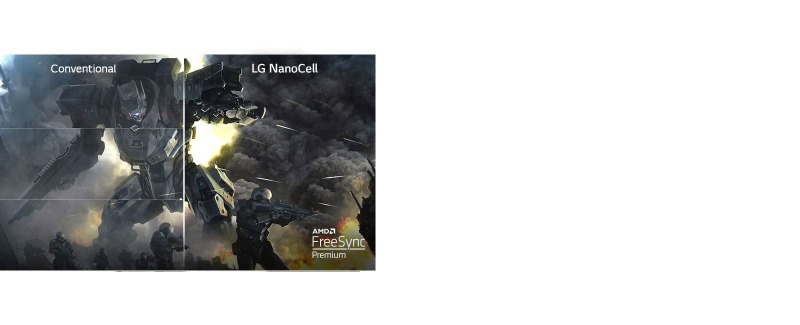 A scene of a game shown on a conventional TV with tearing and other half on an LG NanoCell TV without tearing