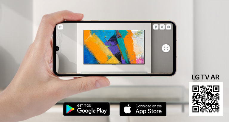 A person using LG TV AR app on a phone and a QR code which links to LG TV AR (http://www.lgtvism.com/lgtvar)