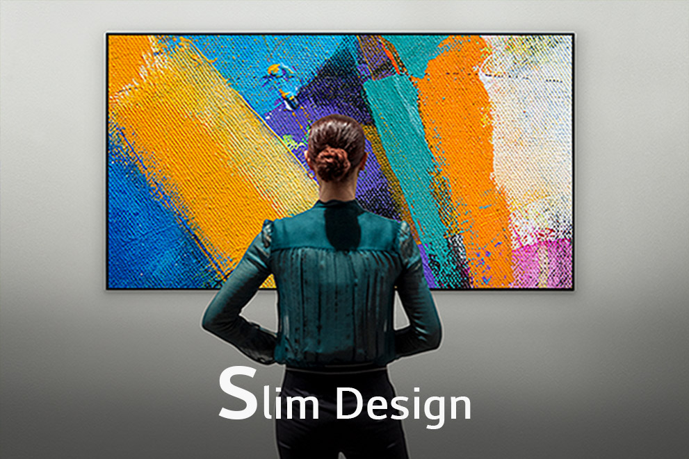 A back view of a woman watching a Gallery Design TV, labeled "Slim Design"