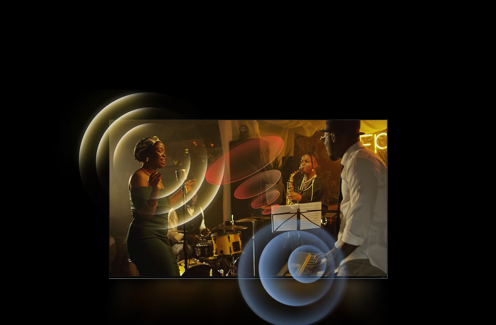 LG TV showing musicians performing, with bright circle graphics around the space.