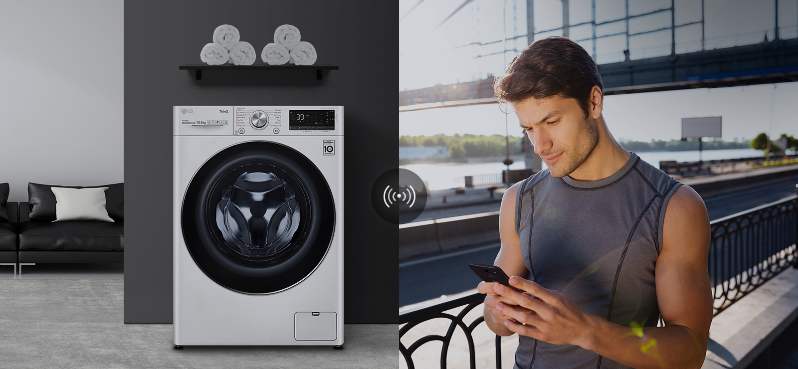 A man outdoors is checking the condition of a washing machine at home through a mobile phone app.