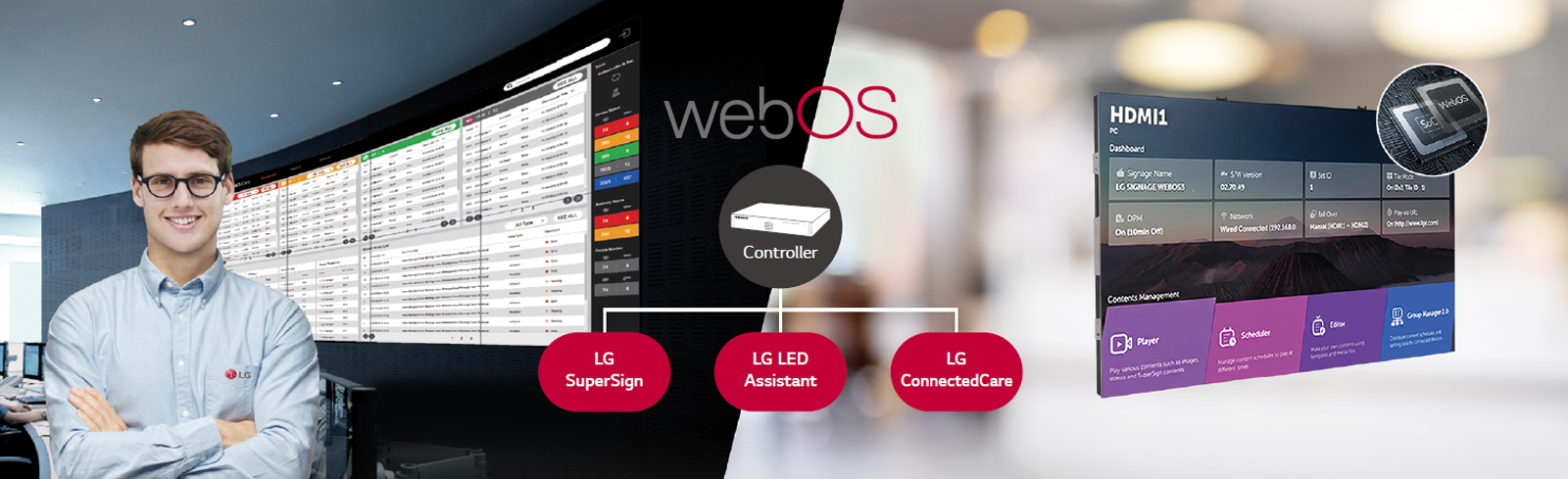 The LG employee is remotely monitoring the LSAC series installed in a different place by using a cloud-based LG monitoring solution. System controller with webOS enables LSAC series to be compatible with LG software solutions.