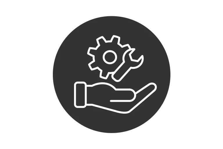 have a cogwheel and a wrench on one's hand.