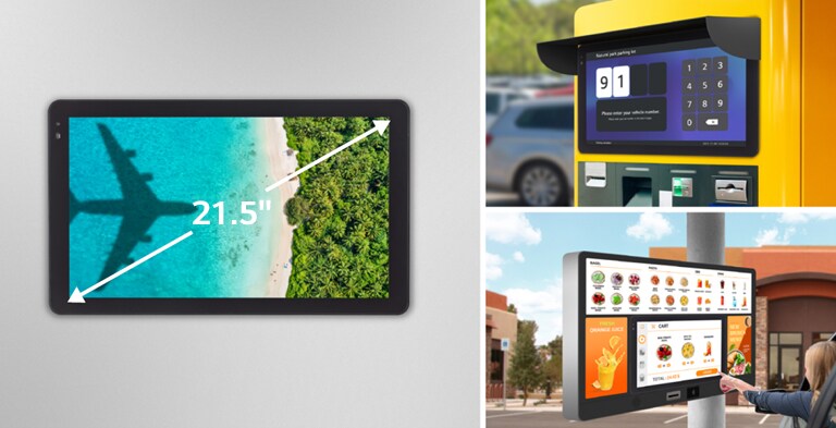 The left one shows a 22XF1TJ installed on the wall showing its 21.5" in size. On the right, there are various screen types: A wall-mount type, hanging type, kiosk type.