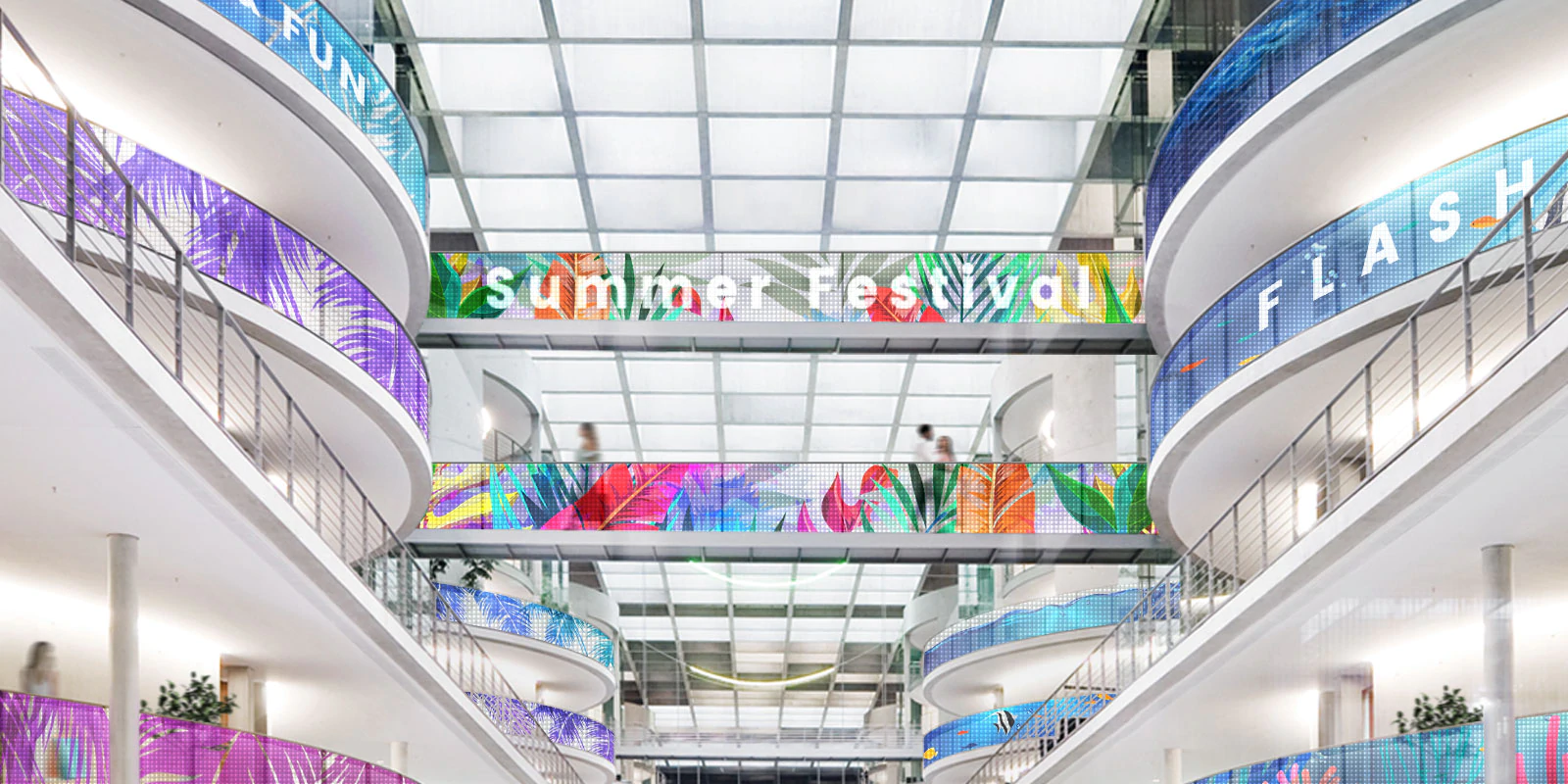 This shopping mall railing image shows that the LG Transparent LED film can be curved up to 2,000R convex and concave for curved glass or window applications. 