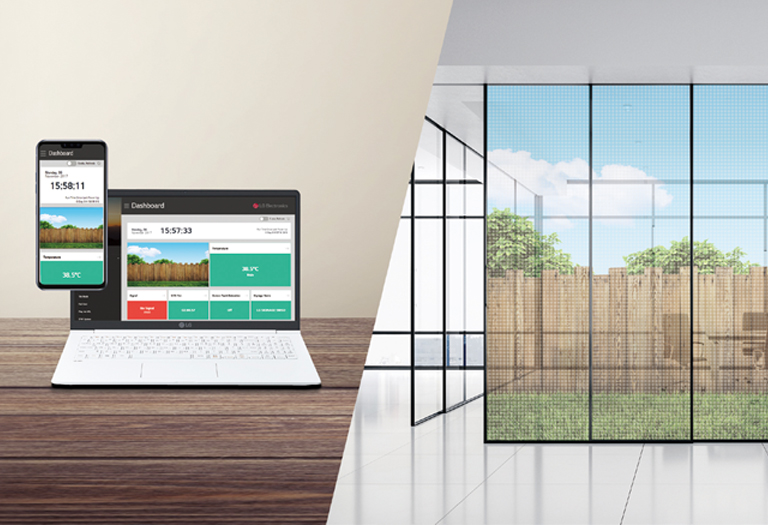 It shows that with LG's Control Manager solution, you can set, control contents, and monitor the status of multiple displays. 