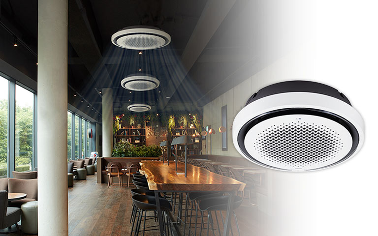 An image of a coffee shop at shopping mall with air conditioning on.