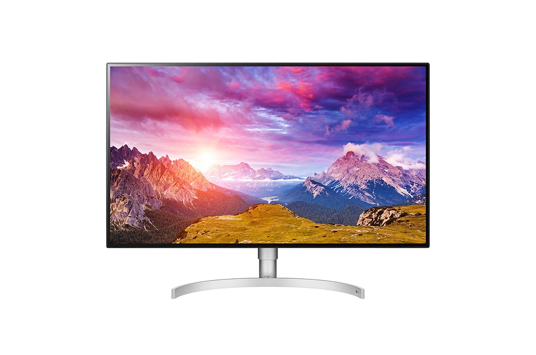 LG UltraFine™ 32'' 4K Nano IPS Monitor with RADEON FreeSync™, LG UltraFine™ 32" 4K Nano IPS Monitor with scenic mountains, front view, 32UL950-W, 32UL950-W