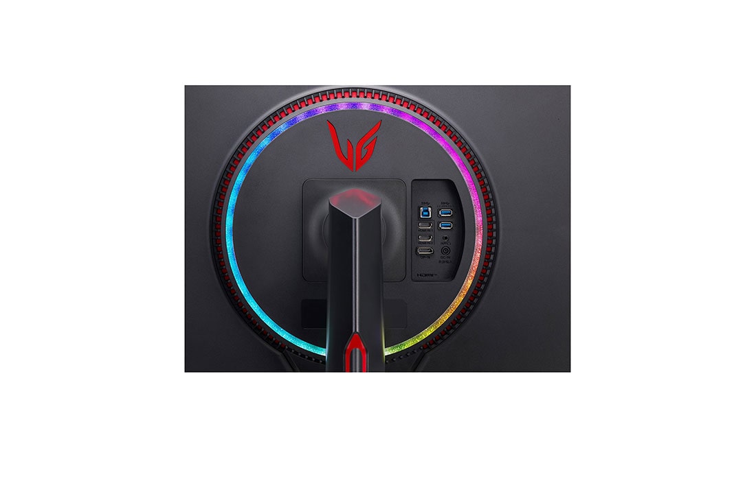 LG UltraGear™ 27'' NANO IPS Gaming Monitor with NVIDIA G-SYNC® Compatible, close-up view of ports with multi colored lights on, 27GP950-B, thumbnail 11