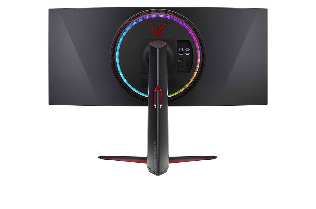 LG 34” UltraGear Curved QHD Nano IPS 1ms 144Hz HDR 600 Monitor with NVIDIA G-SYNC® Ultimate, rear view with multi colored lights on, 34GP950G-B, thumbnail 7