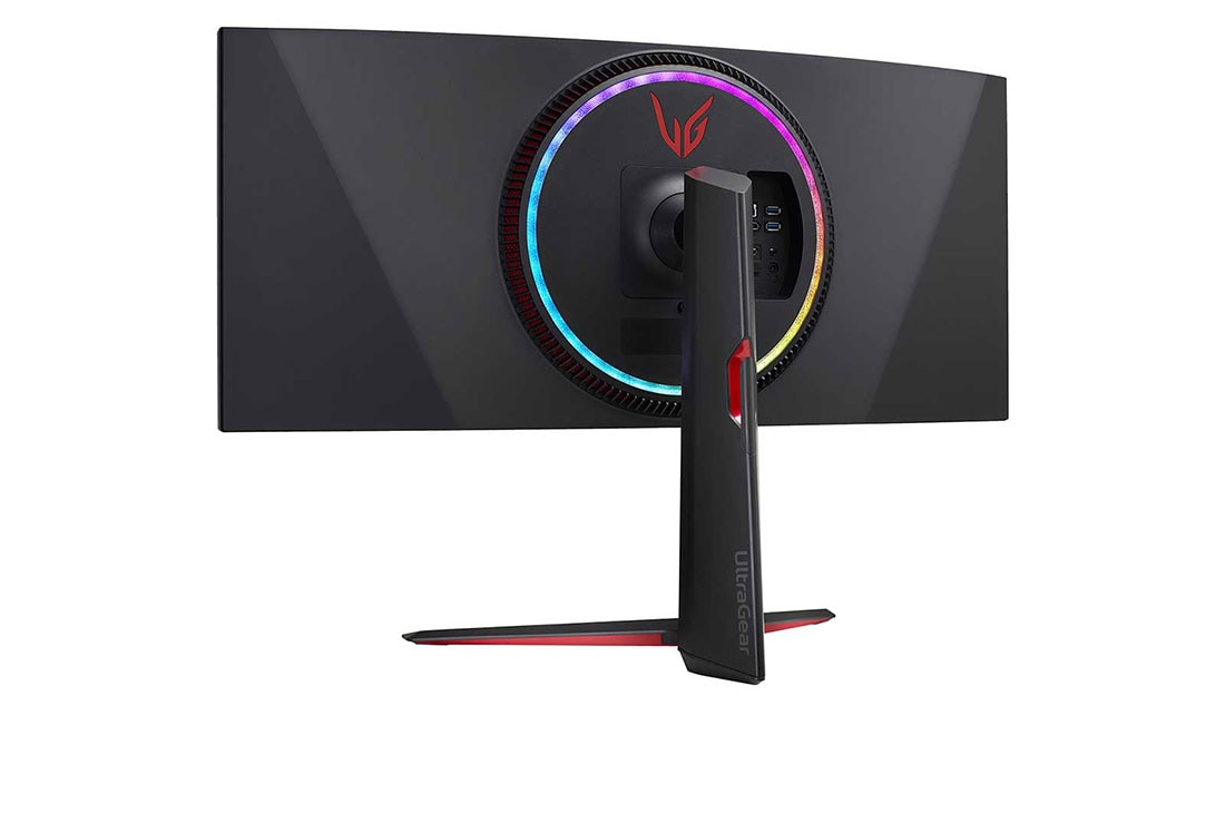 LG 34” UltraGear Curved QHD Nano IPS 1ms 144Hz HDR 600 Monitor with NVIDIA G-SYNC® Ultimate, rear perspective view with multi colored lights on, 34GP950G-B, thumbnail 9