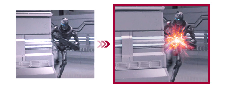 A comparison of two gaming scenes between conventional mode, and Dynamic Action Sync mode with the minimized the input lag