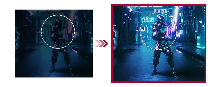 A comparison of two gaming scenes between conventional mode with less visibility in the dark scene, and Black Stabilizer mode offering better visibility in the identical scene