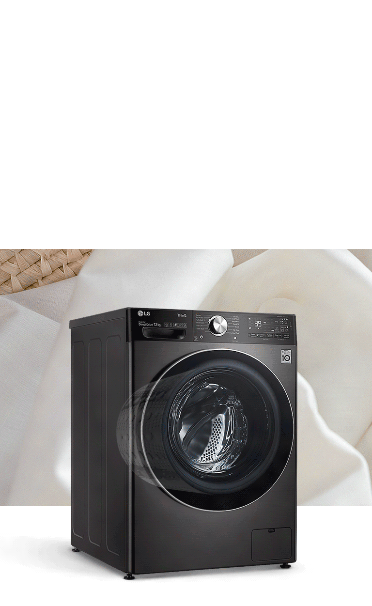 A washing machine, expressed as a large capacity, is in front of the laundry basket image.