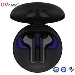 A top view of a cradle opened up and two earbuds inside it with UV lighting on2