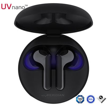 A top view of a cradle opened up and two earbuds inside it with UV lighting on1