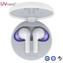 A top view of a cradle opened up and two earbuds inside it with UV lighting on2