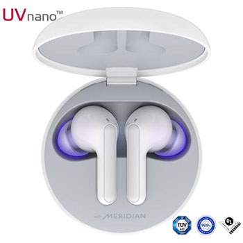 A top view of a cradle opened up and two earbuds inside it with UV lighting on1