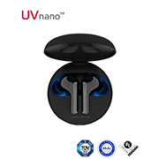 LG TONE Free FN7, A top view of cradle opened up with mood lighting on and UVnano certification logos, HBS-FN7, thumbnail 1