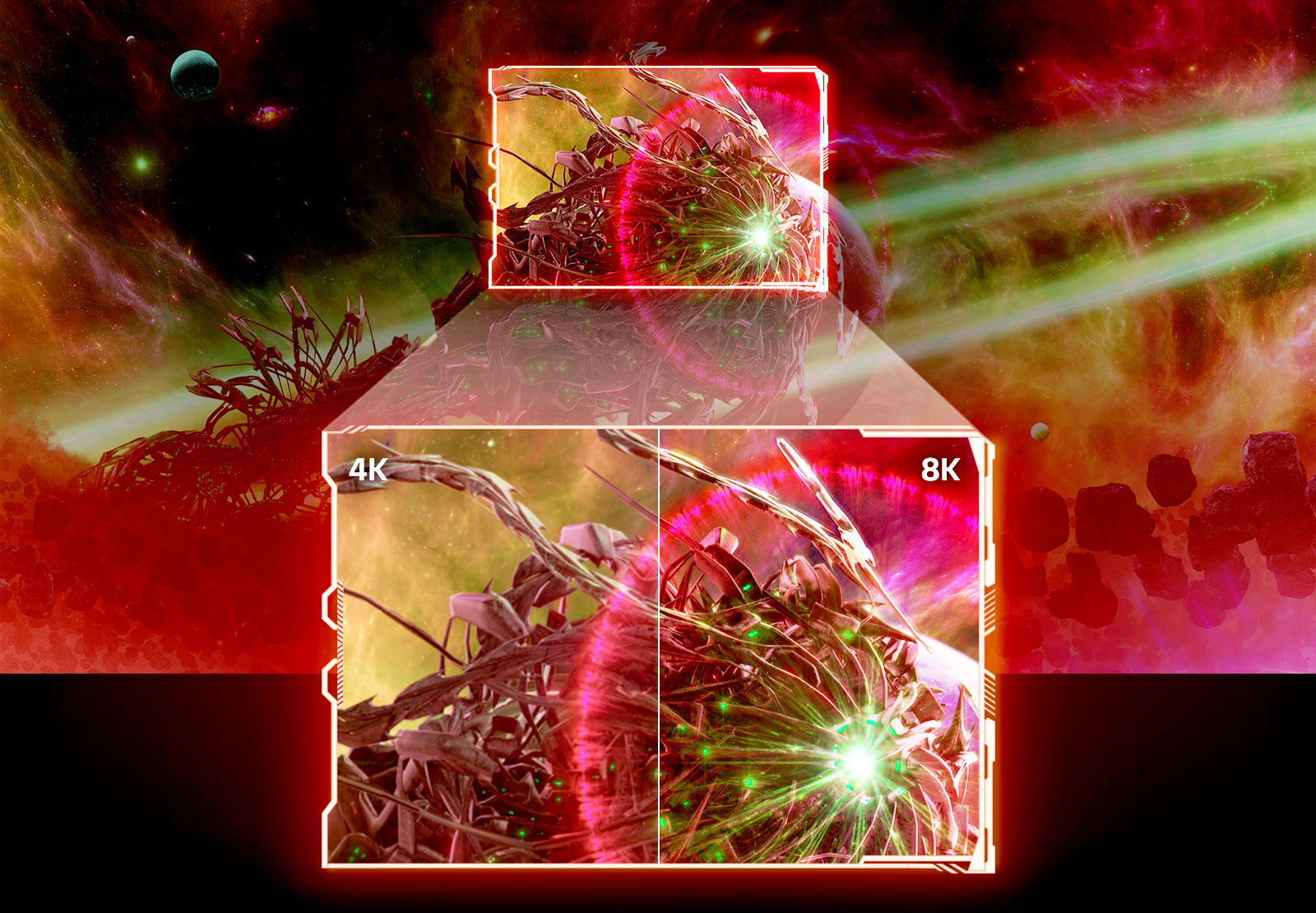 A background image is an alien spaceship surrounded by asteroids. The middle part of a spaceship is highlighted in separate image and divided into two – one on left says 4K and is less bright while one on right says 8K and is brighter.