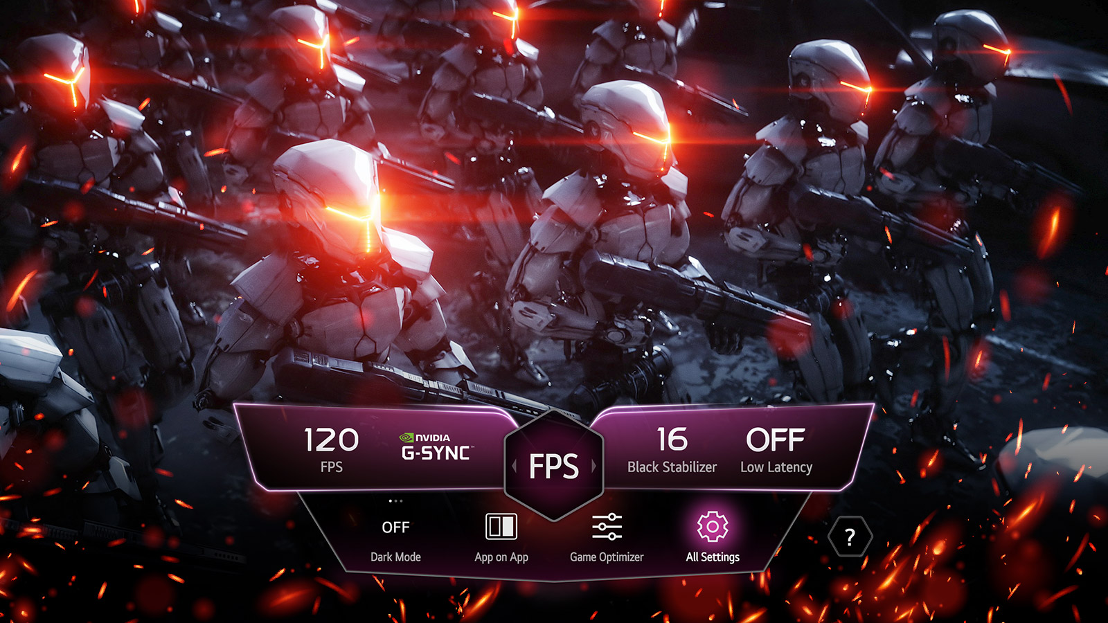 Military robots are marching in the background and there is a game dashboard setting popup.