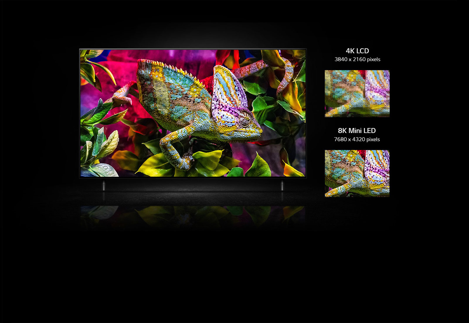 QNED TV monitor shows a very colorful lizard sitting on a colorful leaves. Below QNED TV, there are two small images of a close-up of part of lizard showing details of skin. On the left is 4K LCD version and on the right is 8K mini LED version. 8K mini LED image is a more vivid and clearer.