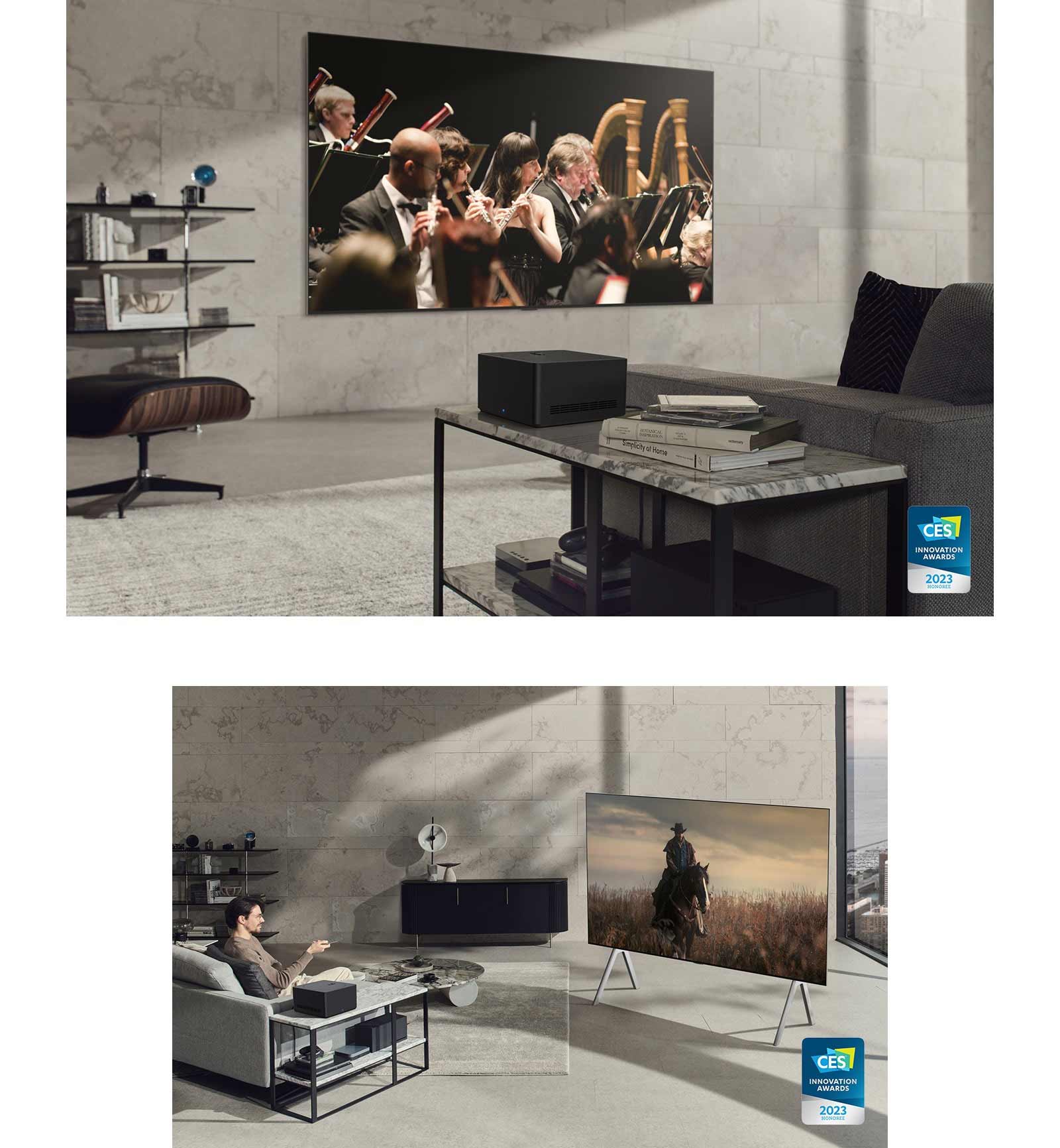 A series of images related to LG OLED M. A close-up of the AV Box sitting neatly on a side table. LG OLED M hung on the wall in a tastefully decorated space free of wires around the television. A close-up of LG OLED M on a Floor Stand with a colorful image on screen. All images show the CES 2023 Innovation Award logo.